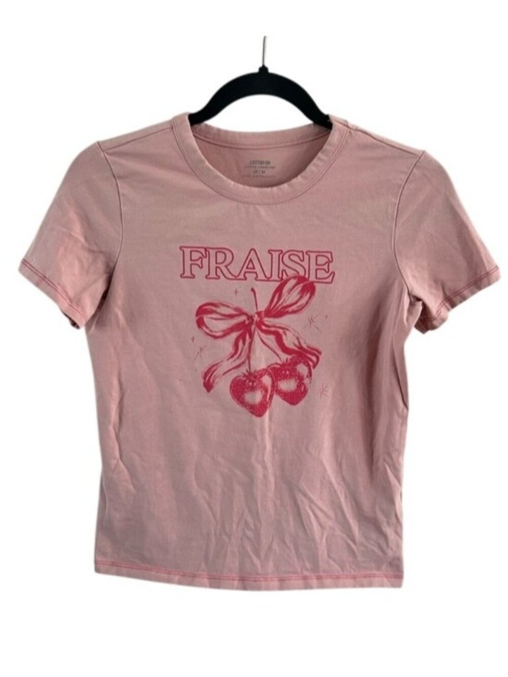 Cotton On Pink Fitted Longline Graphic Tee French Fraise Text and Berry Bow Med